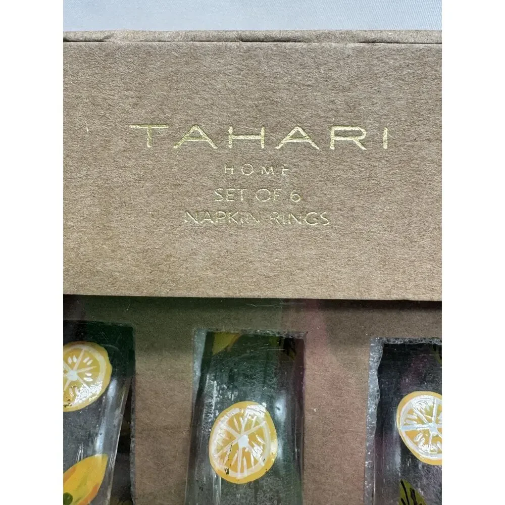 Tahari Home Yellow Glass Napkin Rings Set Of 6 Lemon Fruit Summer Table Decor